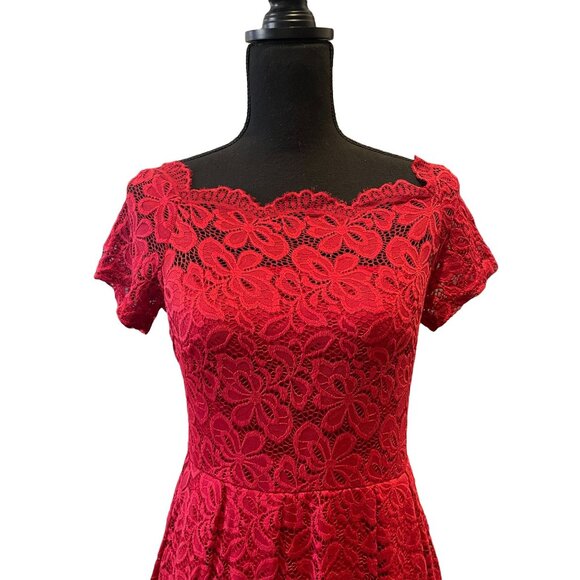 Red Lace Cocktail Dress - Retro A-Line Party Dress - Scalloped Neck Short Sleeve - Picture 2 of 8